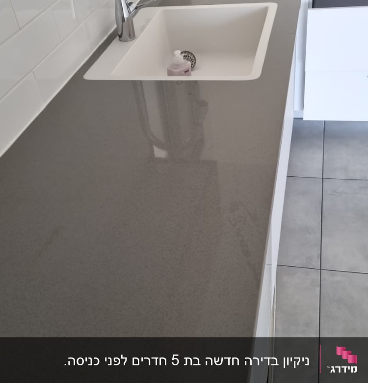 כיור מטבח עם ברז וסבון נוזלי על השיש